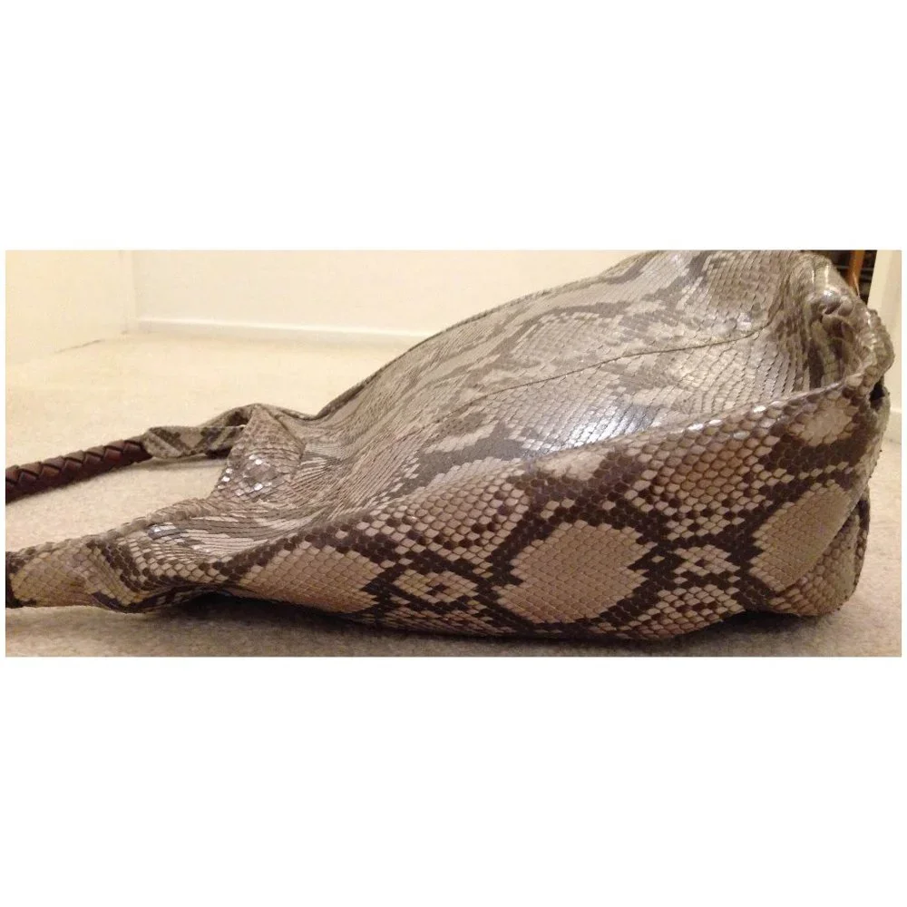 Auth Great Cond REAL natural beige brown PYTHON Carlos Falchi hobo shoulder bag